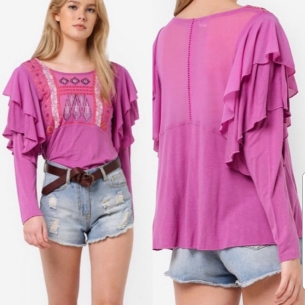 Free People Embroidered Pink Boho Top Size Large La Cienega Wisteria NWT Flutter
